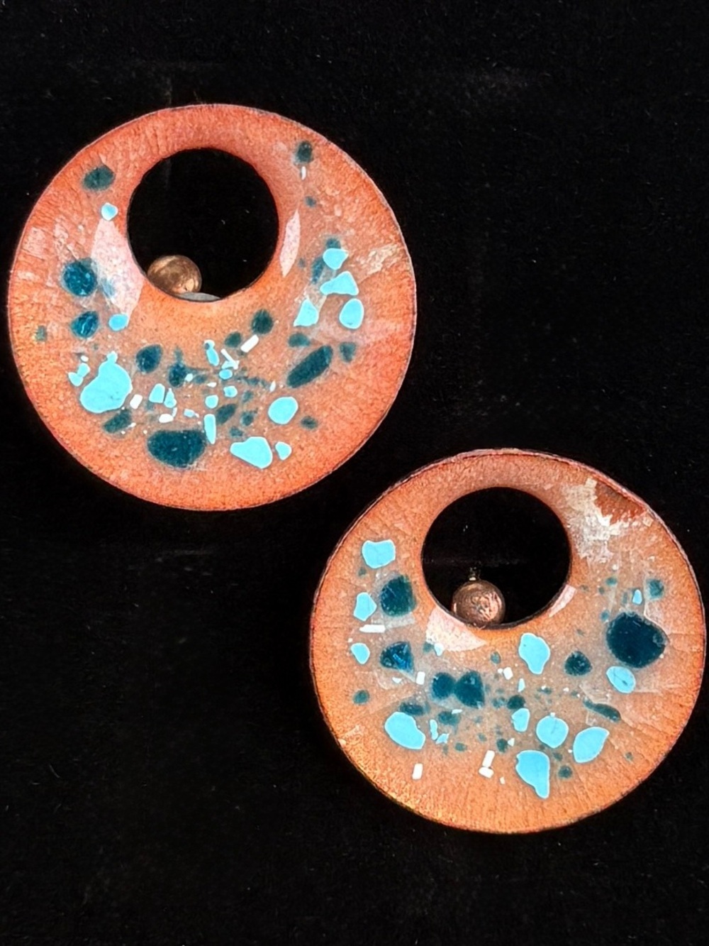 Vintage Copper Enamel Speckled Circle Screw Back Earrings Mid Century